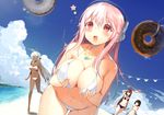  antenna_hair bare_shoulders barefoot beach bikini black_hair blue_eyes breasts brown_hair cleavage cloud collarbone company_connection crossover dark_elf dark_skin day doughnut elf food headphones large_breasts long_hair makise_kurisu multiple_girls nauribon navel nitroplus open_mouth outdoors pink_eyes pink_hair pointy_ears sansei_muramasa shiina_mayuri short_hair sky soukou_akki_muramasa steins;gate super_sonico swimsuit wardrobe_malfunction white_bikini white_hair yellow_eyes 