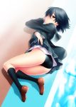  amagami black_eyes black_hair competition_swimsuit from_side highres lying nanasaki_ai on_side one-piece_swimsuit pool school_uniform shoes short_hair socks swimsuit swimsuit_under_clothes zen 
