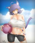  ahoge animal_ears artist_name aya_shobon ball beachball bell bell_choker bike_shorts blue_hair bracelet breasts buruma cameltoe cat_ears cat_tail choker cleavage collarbone colored_pubic_hair commentary_request covered_nipples cowboy_shot dated groin huge_breasts jewelry large_breasts looking_at_viewer midriff navel no_bra no_panties open_mouth original pubic_hair sagging_breasts short_hair solo sweat tail teeth undressing yellow_eyes 