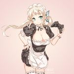  2013 alternate_costume apron aqua_eyes blonde_hair boku_wa_tomodachi_ga_sukunai breasts butterfly_hair_ornament cleavage controller dated detached_collar dualshock enmaided game_console game_controller gamepad hair_ornament highres junkpuyo kashiwazaki_sena large_breasts long_hair maid maid_headdress playstation smile solo thighhighs twintails white_legwear 