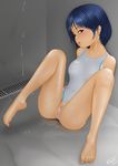  1girl acerbi black_eyes blue_hair blush breasts female looking_at_viewer one-piece_swimsuit pussy short_hair shower sitting solo swimsuit uncensored water wet 
