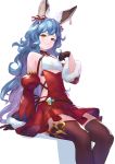  1girl animal_ears arm_support bangs bare_shoulders blue_hair blush bow breasts brown_eyes brown_gloves brown_legwear christmas closed_mouth commentary_request detached_sleeves dress ear_piercing erune feet_out_of_frame ferry_(granblue_fantasy) fur-trimmed_sleeves fur_trim gloves gradient_hair granblue_fantasy hair_between_eyes hair_bow hand_up juliet_sleeves long_hair long_sleeves looking_at_viewer multicolored_hair piercing puffy_sleeves purple_hair red_dress red_sleeves shadow sitting sleeveless sleeveless_dress sleeves_past_wrists small_breasts smile solo striped striped_bow thighhighs very_long_hair wasabi60 wavy_hair white_background wide_sleeves 