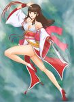  1girl breasts brown_eyes brown_hair chaki-yam cleavage high_heels highres japanese_clothes legs long_hair looking_at_viewer miko open_mouth original shoes solo sword weapon 