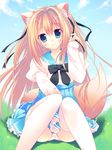  amanagi_seiji animal_ears bad_id bad_pixiv_id blonde_hair cat_ears cat_tail dress green_eyes knees_together_feet_apart original panties pantyshot pantyshot_(sitting) pink_panties sitting smile solo tail thighhighs underwear white_legwear 