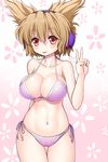  asamura_hiori bikini blush breasts brown_hair collarbone curvy headphones highres large_breasts navel pink_background pink_bikini red_eyes short_hair simple_background solo swimsuit touhou toyosatomimi_no_miko v 