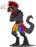  :3 abs alpha_channel angry anthro argonian biceps black_scales blush body_markings claws clenched_teeth clothed clothing crossed_arms dialog english_text fangs green_skin grey_skin hair half-dressed horn male markings muscles neodokuro pecs plain_background rainbow rainbow_bottomwear red_hair red_skin scalie scar shorts smiley_face solo spots standing striped_bottomwear sweat tagg taggcrossroad teeth text the_elder_scrolls toe_claws topless transparent_background video_games yellow_eyes 