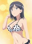  bikini black_eyes black_hair breasts cleavage frilled_bikini frills glasses highres konori_mii large_breasts light_smile navel polka_dot polka_dot_bikini short_hair smile_(rz) solo sparkle swimsuit to_aru_kagaku_no_railgun to_aru_majutsu_no_index upper_body yellow_background 