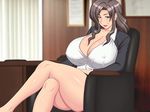  1girl blue_eyes blush breasts brown_hair cleavage highres huge_breasts indoors legs_crossed lipstick long_hair looking_at_viewer makeup milf office office_lady sitting smirk solo thick_thighs thighs wavy_hair yukijirushi_nyugyou 