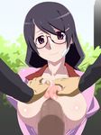  1girl areolae bakemonogatari black_hair blush breast_grab breasts breasts_outside censored chikuishi glasses grabbing hanekawa_tsubasa highres huge_breasts imada_ya long_hair looking_at_viewer monogatari_(series) nipples no_bra open_clothes open_shirt paizuri penis purple_eyes shirt smile 