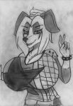  2019 5_fingers anthro belt big_breasts black_nose border_collie breasts canine cleavage clothed clothing collie dog eyebrows female fur greyscale hair hi_res huge_breasts hyper jeans leumas_setay looking_at_viewer mammal melinda_pastor_(lildredre) midriff monochrome multicolored_fur navel pants shirt simple_background sketch smile solo standing teeth two_tone_fur voluptuous white_fur white_hair wristband 