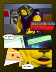  anthro biceps blue_eyes clothing comic computer curtains english_text feline fur lion male mammal modem_(character) muscles panels pecs poster text unknown_artist webcam yellow_body 