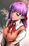  bangs breasts brown_vest commentary_request fate/stay_night fate_(series) from_above hair_between_eyes hair_ribbon homurahara_academy_uniform large_breasts long_hair long_sleeves looking_at_viewer matou_sakura purple_eyes purple_hair red_ribbon ribbon sgk shirt smile vest white_shirt 