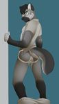  bulge butt canine clothing dog fur german_shepherd grey_fur hybrid jailbird jockstrap looking_at_viewer looking_back looking_backwards male mammal open_shirt pants pants_down shirt simple_background solo standing underwear undressing wolf 