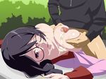  1girl bakemonogatari black_hair blush breast_grab breasts censored chikuishi cum cum_in_mouth cum_on_body cum_on_breasts cum_on_upper_body facial glasses grabbing hanekawa_tsubasa highres imada_ya large_breasts long_hair lying monogatari_(series) no_bra no_pants open_clothes open_mouth open_shirt penis purple_eyes school_uniform shirt titjob wink 