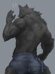  back biceps black_fur black_nose butt canine captainjohkid claws clenched_teeth clothing fangs flexing fur grey_background grey_fur japanese_text jo_(artist) male mammal muscles musular pants plain_background pose solo standing sweat teeth text toned topless torn_clothing were werewolf yellow_eyes 