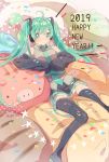  +++ 1girl 2019 animal animal_pillow arms_at_sides bare_shoulders blue_eyes blue_hair blush colorful dated detached_sleeves expressionless eyebrows_visible_through_hair eyelashes full_body grey_shirt happy_new_year hatsune_miku highres long_hair looking_away lying new_year pig pillow pink_ribbon polka_dot ribbon shirt skirt sleeveless sleeveless_shirt solo spread_legs star thighhighs very_long_hair vocaloid yuya_kyoro 