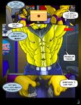  anthro belt biceps big_muscles blue_eyes camera clothed clothing comic computer dialog english_text feline fur half-dressed lion male mammal modem_(character) muscles nipples panels pecs recording text topless undressing unknown_artist webcam wristband yellow_body 
