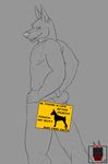  biceps canine convenient_censorship doberman dog feral fur greyscale grin linkin linkin_monroe looking_at_viewer looking_back male mammal monochrome muscles nipples sign solo string 
