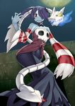  bare_shoulders blue_skin bone clothes_writing covered_navel detached_sleeves hair_over_one_eye harmaline highres leviathan_(skullgirls) long_hair purple_hair red_eyes skull skullgirls solo squigly_(skullgirls) stitched_mouth stitches wide_hips zombie 