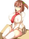  1girl breasts brown_eyes brown_hair erect_nipples female hair_bobbles hair_ornament huge_breasts miniskirt necktie nira original school_uniform shirt short_ponytail side_ponytail simple_background sitting skirt solo thighhighs thighs white_background white_legwear 