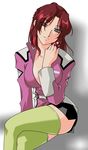  1girl adjusting_hair artist_request breasts female flay_allster green_legwear grey_eyes gundam gundam_seed large_breasts legs_crossed legwear long_hair open_clothes open_shirt red_hair shirt side_slit sitting skirt solo thighhighs uniform 