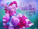  blue_eyes english_text equine female feral friendship_is_magic fur hair hat horse looking_at_viewer lying mammal my_little_pony on_back pink_fur pink_hair pinkie_pie_(mlp) pony presenting pussy solo surgicalarts teats text thepinkling tongue tongue_out 