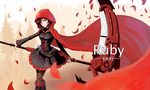  2013 absurdres boots character_name cloak copyright_name crescent_rose cross dated dress english forest graveyard highres hood hooded_cloak nature pantyhose petals rose_petals ruby_rose rwby scythe short_hair signature skirt solo sunset_xi tree weapon 