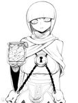  1girl bags_under_eyes bob_cut breasts cape castration chains guro highres holding huge_breasts impossible_clothes impossible_shirt jar lock looking_at_viewer monochrome necro-chan_(space_jin) open_mouth original shirt short_hair simple_background solo space_jin standing testicles white_background 