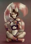  breasts brown_hair claws clothed clothing digitigrade female freckles hair hindpaw leather looking_at_viewer mammal nipples paws plain_background rodent sitting skimpy solo spookable squirrel toes unknown_species 