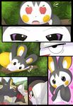  apple apples_for_eyes comic emolga excadrill floating_hearts fruit fwish nintendo pok&#233;mon pok&eacute;mon purple_eyes stare tom_smith tree video_games 