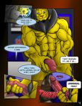  anthro balls biceps big_muscles blue_eyes camera comic computer dialog english_text equine erection feline flaccid horn lion male mammal modem_(character) muscles nipples nude panels pecs penis precum recording text unicorn unknown_artist vein webcam yellow_body 