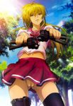  1girl absurdres beretta_93r blonde_hair cal_devens dual_wielding female gangsta_hold green_eyes gun handgun highres light_rays long_hair megami midriff nature navel nipples no_panties nude_filter outdoors phantom_of_inferno photoshop pussy requiem_for_the_phantom school_uniform skindentation skirt sky solo sunbeam sunlight thighhighs uncensored upskirt vertical_foregrip weapon yamashita_yoshimitsu yellow_eyes 