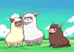  alpaca artist_name black_eyes blush blush_stickers bow cloud clouds happy huiro llama no_humans open_mouth original outdoors sad signature sky smile standing tears 