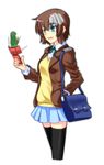  amia_lee bag black_legwear blazer brown_hair chuu_(rinet) green_eyes grey_skin gundam gundam_00 gundam_00_a_wakening_of_the_trailblazer hand_in_pocket highres hologram jacket mole multicolored multicolored_eyes multicolored_hair open_mouth school_uniform short_hair silver_hair simple_background skirt solo thighhighs zettai_ryouiki 