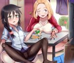  2girls alcohol bean_bag_chair black_hair blonde_hair blush braided_ponytail breasts can dvd_case figure green_eyes indoors kuroki_tomoko large_breasts long_hair multiple_girls okada_akane one_eye_closed shirt sitting spread_legs table television tomato_cyuki track_suit watashi_ga_motenai_no_wa_dou_kangaetemo_omaera_ga_warui! watching_television 