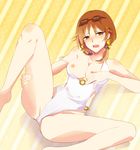  bad_id bad_pixiv_id blush breast_slip breasts brown_eyes brown_hair idolmaster idolmaster_cinderella_girls ironyrony katagiri_sanae large_breasts long_hair looking_at_viewer nipples one-piece_swimsuit one_breast_out open_mouth solo spread_legs swimsuit 