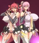  2girls bad_anatomy bare_shoulders black_gloves breasts drill_hair elbow_gloves erect_nipples female gloves headphones huge_breasts kasane_teto long_hair long_ponytail megurine_luka multiple_girls musuka_(muska) navel open_mouth panties pink_eyes pink_hair ponytail red_eyes red_hair shirt short_hair singing standing thighhighs thighs underwear utau vocaloid white_legwear white_thighhighs 