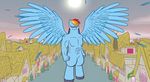  2013 add_your_own_tags_dammit anthro anthrofied blue_fur building city cutie_mark equine feather feathers female friendship_is_magic fur hair hooves hotdiggedydemon house houses looking_at_viewer macro mammal mullet multi-colored_hair my_little_pony outside pegasus purple_eyes rainbow_dash_(mlp) rainbow_hair screencap sky solo sun town tree wings 