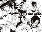  1boy angry axe boots freckles hat jolly_roger knife lily_(artist) male male_focus monochrome multiple_views one_piece open_clothes open_shirt outline pirate portgas_d_ace shirt solo stampede_string tattoo thigh_strap weapon 