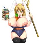  1girl animal_ears areola_slip areolae bare_shoulders between_breasts black_legwear blonde_hair breasts bunny_ears carrot cleavage curvy hair_ornament highleg huge_breasts impossible_clothes impossible_shirt large_areolae league_of_legends mound_of_venus necktie nipple_slip nipples nira open_mouth shirt simple_background staff standing teemo thick_thighs thighhighs white_background yellow_eyes 