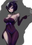  bare_shoulders blue_eyes breasts character_request cigarette cigarette_holder cleavage curvy dress elbow_gloves extra gloves hair_ornament holding kemurin large_breasts lipstick looking_at_viewer makeup purple_hair short_hair side_slit skullgirls smile smoking solo strapless strapless_dress wide_hips 