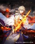  1boy black_cloud blonde_hair blue_eyes cloud copyright_request dated detached_sleeves flaming_sword gabiran grey_sky hand_up holding holding_sword holding_weapon magatama magic male_focus molten_rock official_art outdoors serious smoke standing sword tassel volcano weapon wide_sleeves 