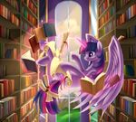  aurarrius book bookshelf cutie_mark equine female friendship_is_magic horn horse inside library my_little_pony purple_eyes purple_fur reading twilight_sparkle_(mlp) two_tone_hair window winged_unicorn wings 