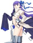  1girl :d ass blue_eyes blue_ribbon fate/extra fate/extra_ccc fate/grand_order fate_(series) flat_chest hair_ribbon long_hair long_sleeves meltlilith michihasu midriff navel open_mouth prosthesis prosthetic_leg purple_hair ribbon simple_background sleeves_past_wrists smile solo spikes white_background 