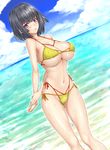  bikini black_hair blush breasts cameltoe cleavage cloud collarbone covered_nipples day dutch_angle highres large_breasts navel ocean original parted_lips purple_eyes short_hair side-tie_bikini skindentation sky solo strap_gap swimsuit underboob water wet yellow_bikini zucchini 