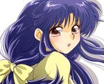  ayaka_(aya111455) bow brown_eyes hair_bow long_hair looking_back open_mouth portrait purple_hair ranma_1/2 simple_background solo tendou_akane white_background 