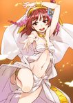  :d anklet barefoot bracelet breasts cleavage dancing flower hair_flower hair_ornament jewelry magi_the_labyrinth_of_magic matsuryuu medium_breasts morgiana navel o-ring o-ring_top open_mouth red_eyes red_hair smile solo 