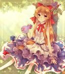  bad_id bad_pixiv_id bow brown_hair chain cuffs dress drinking gourd hair_bow horn_ribbon horns ibuki_suika long_hair miiko_(somnolent) ribbon sitting solo touhou tree yellow_eyes 