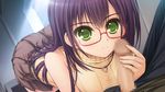  1girl all_fours black_hair blush breasts censored game_cg glasses green_eyes handjob highres komorebi_no_nostalgica:_raggio_di_sole_nostalgico long_hair looking_at_viewer lying norita penis sarawatari_itsuki skirt smile sunlight 