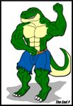  abs anthro biceps comic dinosaur flexing green_skin human male maxime-jeanne muscles pecs pose reptile scales scalie solo theropod thomas_carter topless transformation tyrannosaurus_rex 